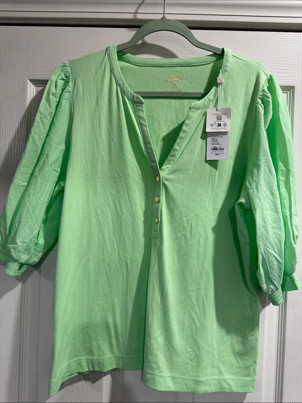 Lily Pulitzer Light Green Puff Sleeve Henley Top -